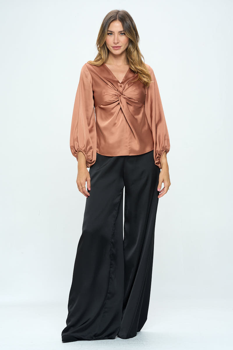 Stretch Satin V neck Top with Front Twist-Tops-Reneecollection-Urbanheer