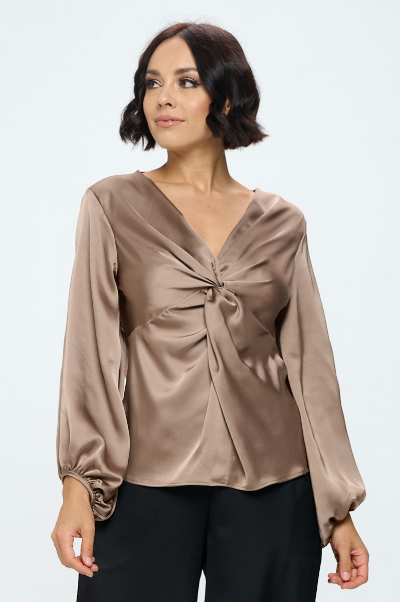 Stretch Satin V neck Top with Front Twist-Tops-Reneecollection-Urbanheer