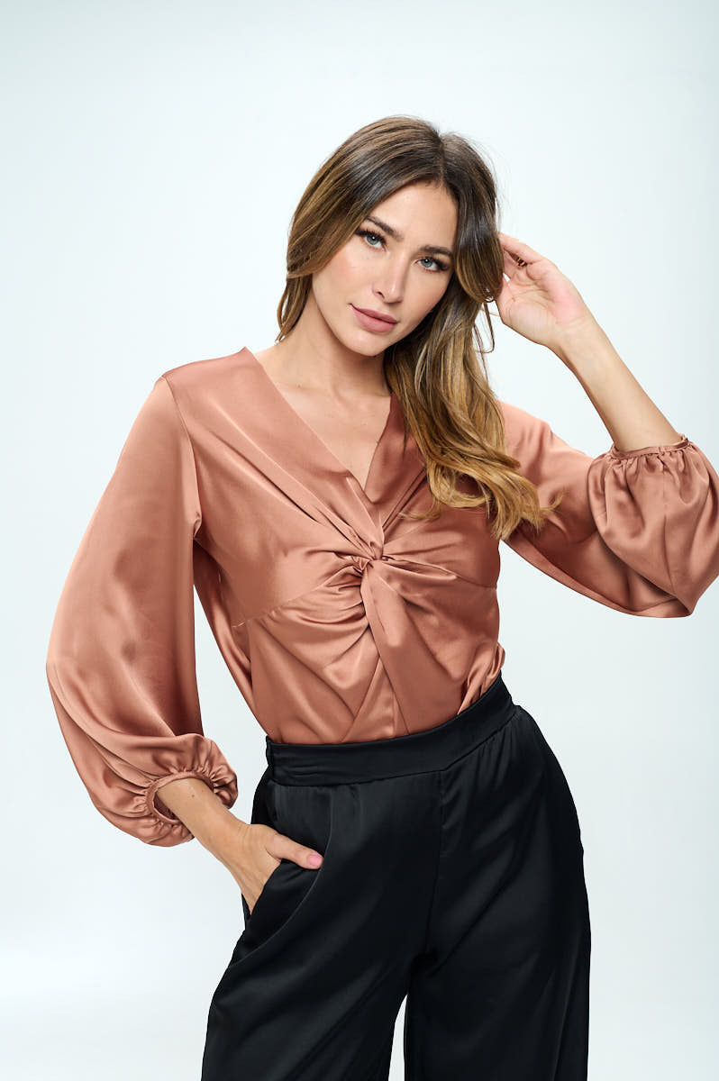Stretch Satin V neck Top with Front Twist-Tops-Reneecollection-Urbanheer