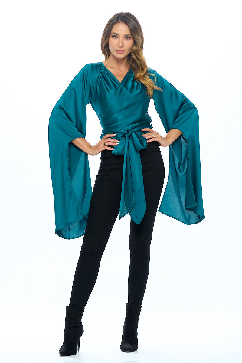 Stretch Satin Wrap Top with Exaggerated Sleeves-Tops-Reneecollection-Urbanheer
