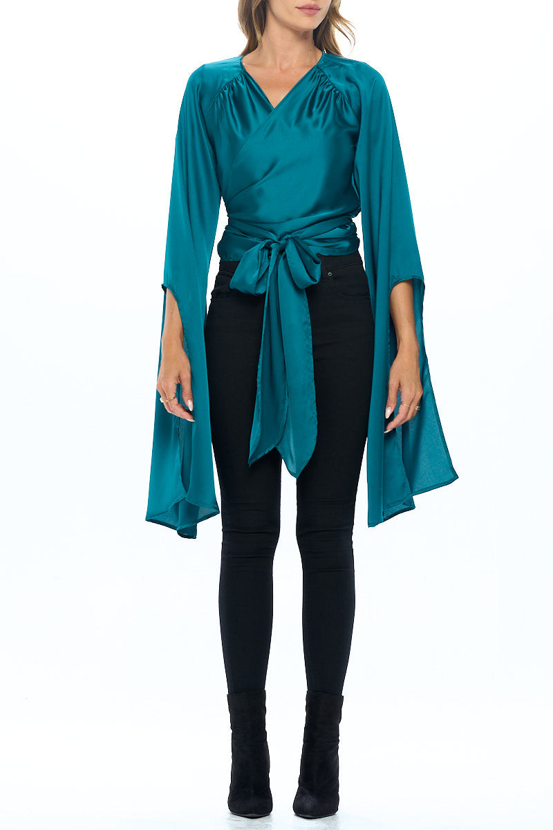Stretch Satin Wrap Top with Exaggerated Sleeves-Tops-Reneecollection-Urbanheer