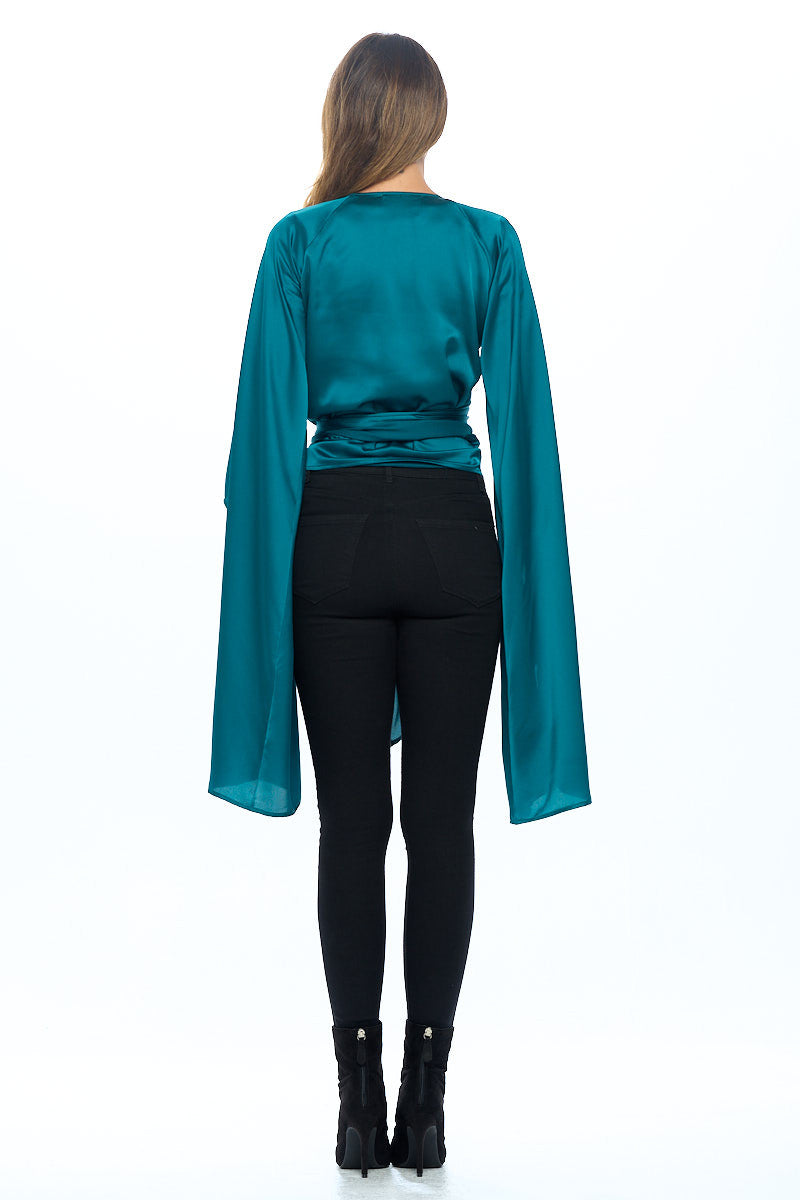 Stretch Satin Wrap Top with Exaggerated Sleeves-Tops-Reneecollection-Urbanheer