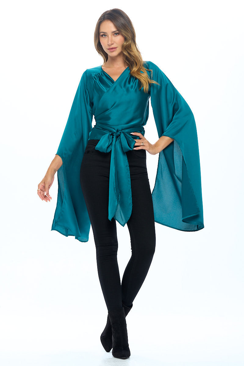Stretch Satin Wrap Top with Exaggerated Sleeves-Tops-Reneecollection-Urbanheer