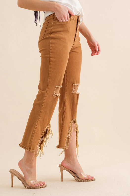 Stretch Twill Distressed Knee Fringe Leg Jeans-Jeans-Blue B-S-CAMEL-Urbanheer