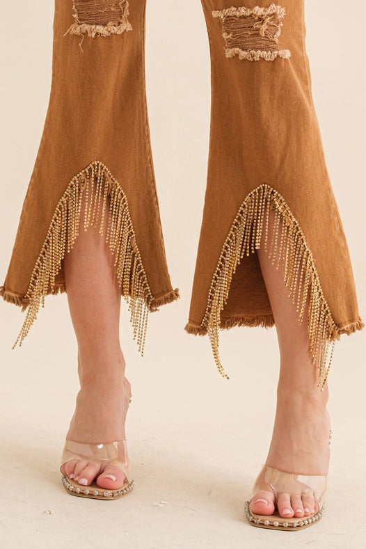 Stretch Twill Distressed Knee Fringe Leg Jeans-Jeans-Blue B-S-CAMEL-Urbanheer