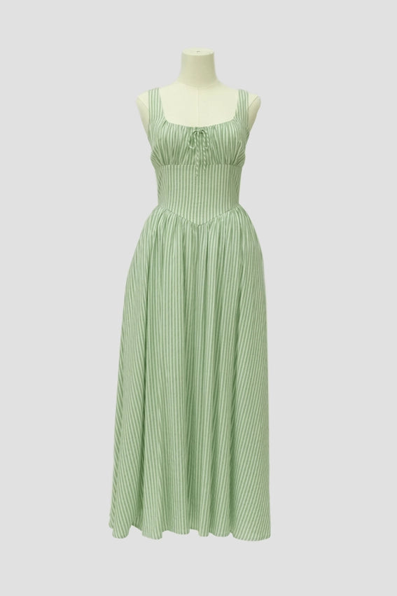 Stripe Corset Front Tie Sleeveless Midi Dress-Dress-Moon River-XS-SAGE-Urbanheer
