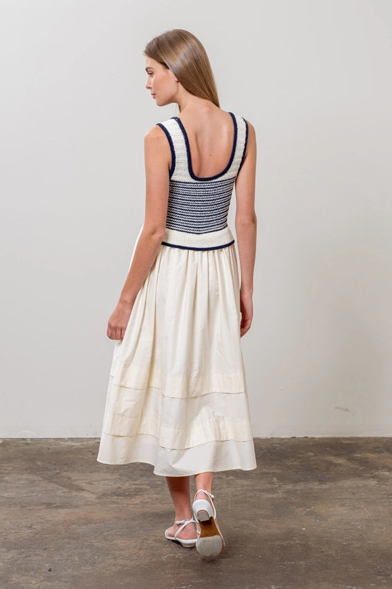 Stripe Knit Top Mix Media Midi Dress-Dress-Moon River-S-CREAM-Urbanheer
