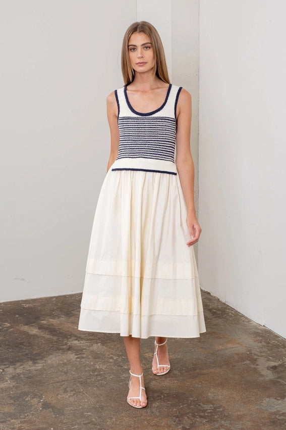 Stripe Knit Top Mix Media Midi Dress-Dress-Moon River-S-CREAM-Urbanheer