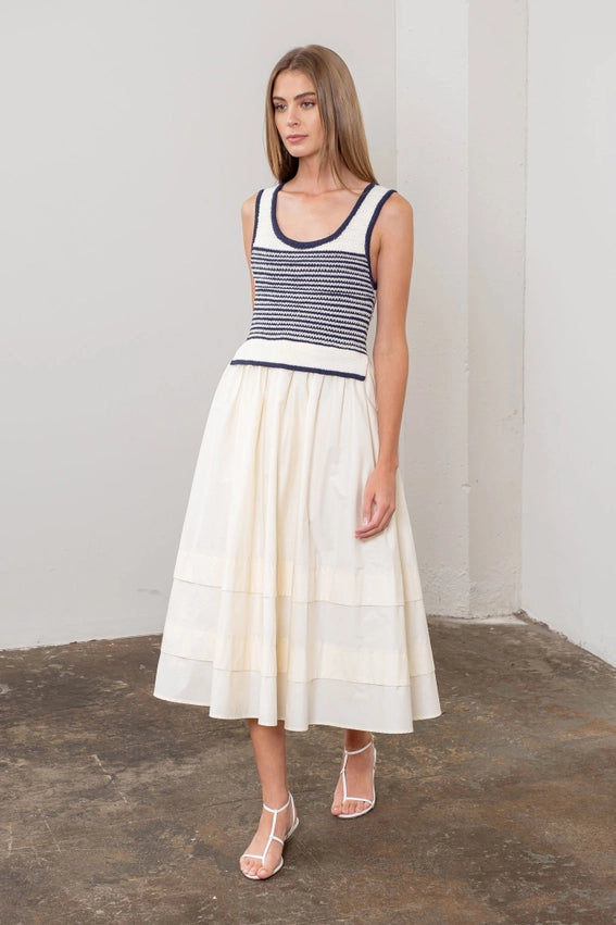 Stripe Knit Top Mix Media Midi Dress-Dress-Moon River-S-CREAM-Urbanheer