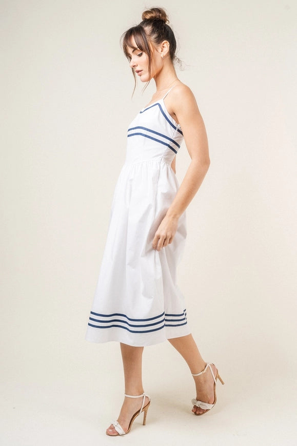 Stripe Lined Spg Strap Midi Dress-Dress-Fore Collection-S-White/Navy-Urbanheer