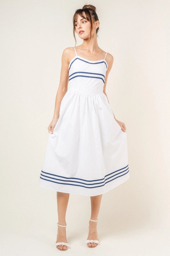Stripe Lined Spg Strap Midi Dress-Dress-Fore Collection-S-White/Navy-Urbanheer