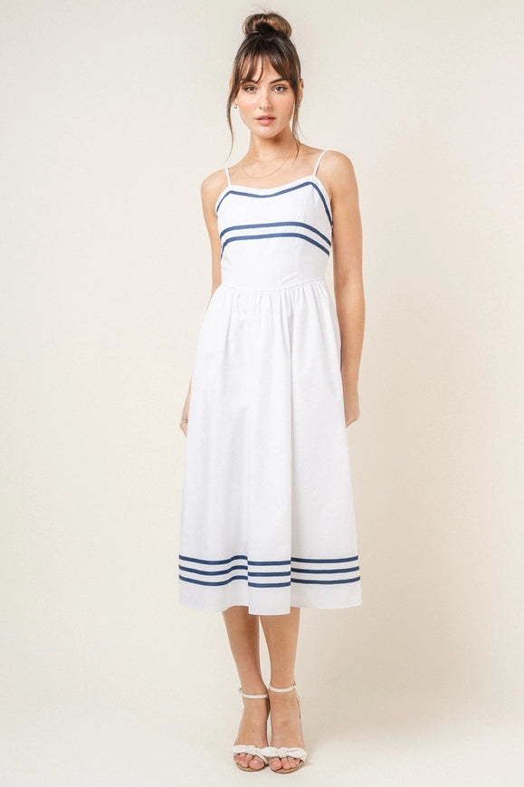 Stripe Lined Spg Strap Midi Dress-Dress-Fore Collection-S-White/Navy-Urbanheer