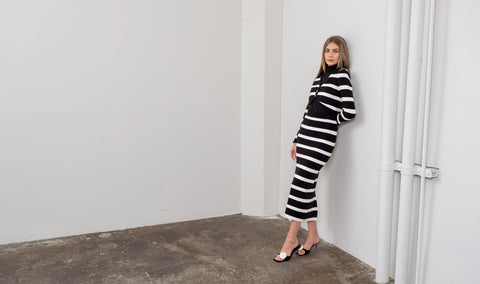 Stripe Long Sleeve Crop Cardigan & Midi Skirt Set-Set-Moon River-XS-BLACK-Urbanheer