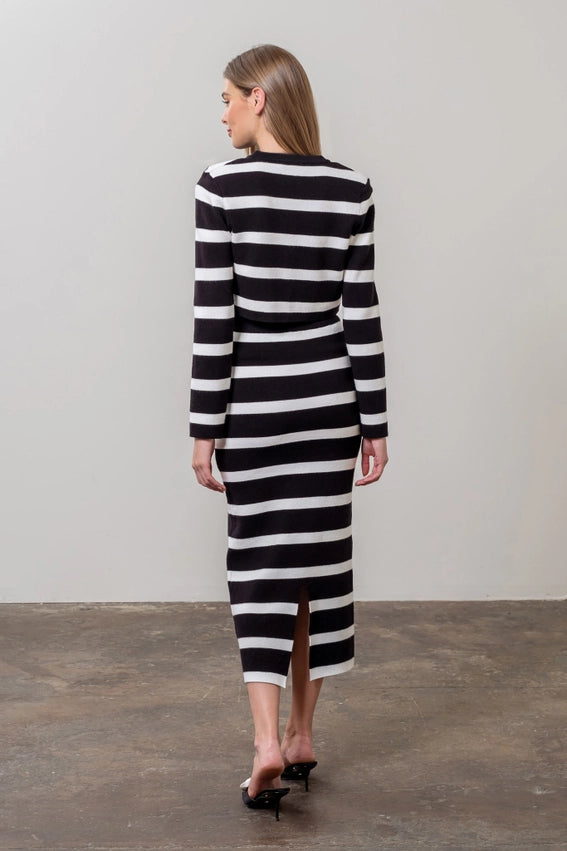 Stripe Long Sleeve Crop Cardigan & Midi Skirt Set-Set-Moon River-XS-BLACK-Urbanheer