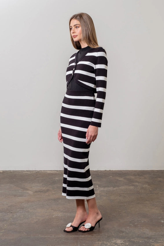 Stripe Long Sleeve Crop Cardigan & Midi Skirt Set-Set-Moon River-XS-BLACK-Urbanheer