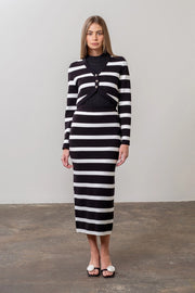 Stripe Long Sleeve Crop Cardigan & Midi Skirt Set-Set-Moon River-XS-BLACK-Urbanheer
