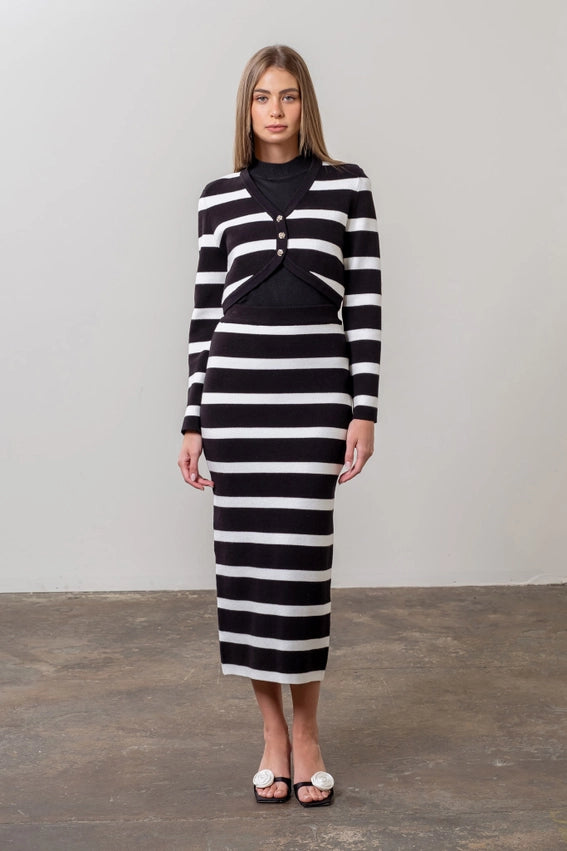 Stripe Long Sleeve Crop Cardigan & Midi Skirt Set-Set-Moon River-XS-BLACK-Urbanheer