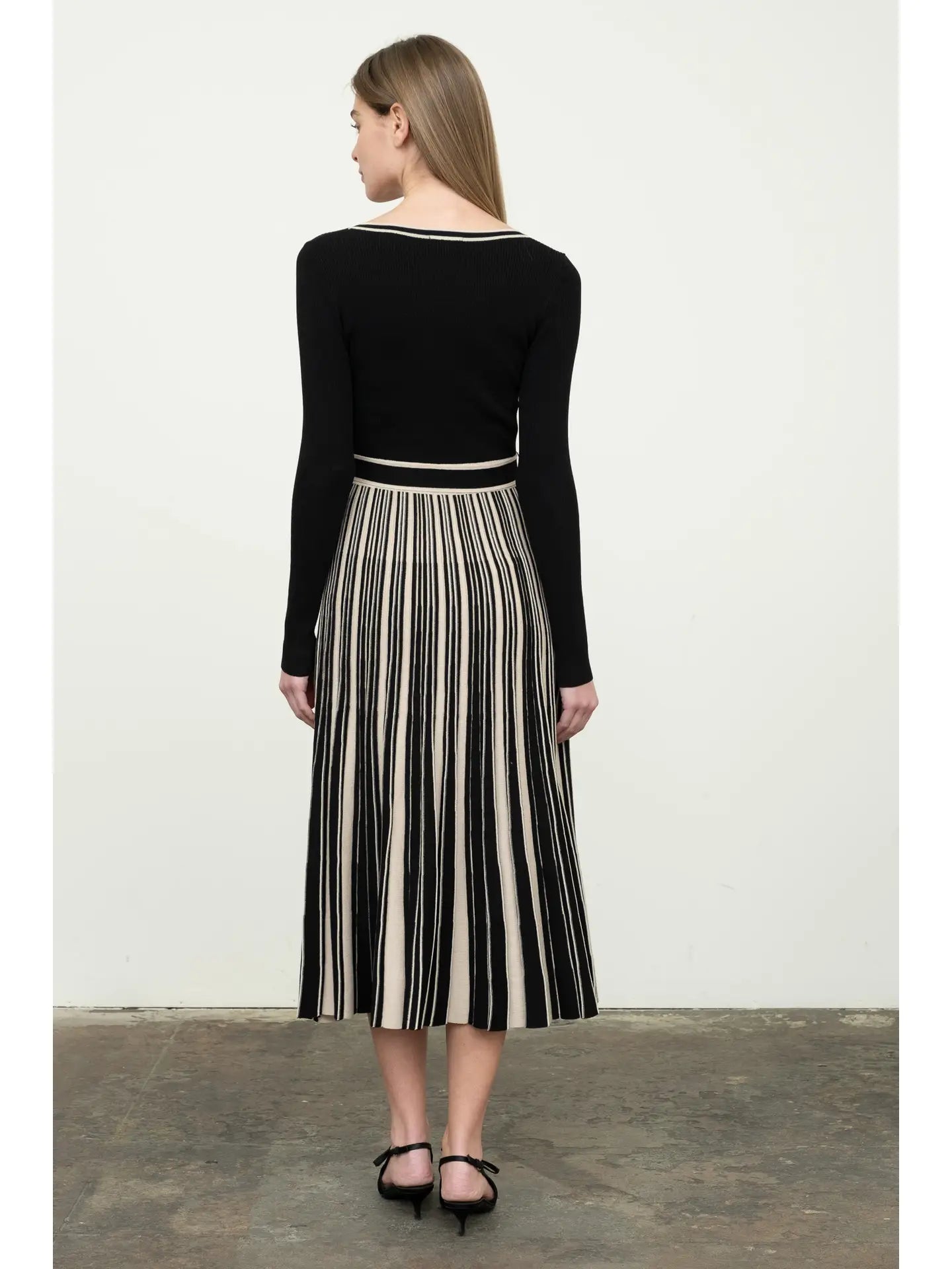 Stripe Long Sleeve Waist Tie Midi Sweater Dress