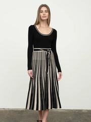 Stripe Long Sleeve Waist Tie Midi Sweater Dress