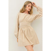 Stripe Mini Balloon-Sleeved Dress with Open Back and Bow MOCHA-Dress-idem ditto-S-MOCHA-Urbanheer