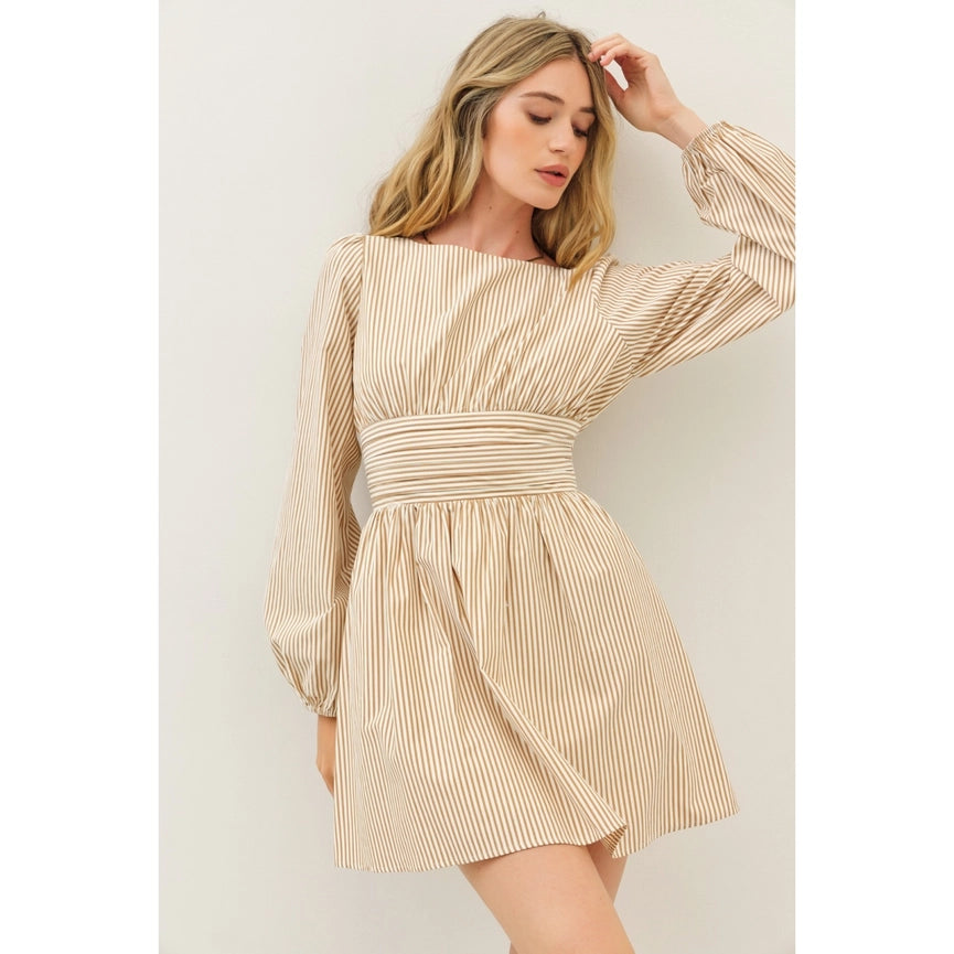 Stripe Mini Balloon-Sleeved Dress with Open Back and Bow MOCHA-Dress-idem ditto-S-MOCHA-Urbanheer