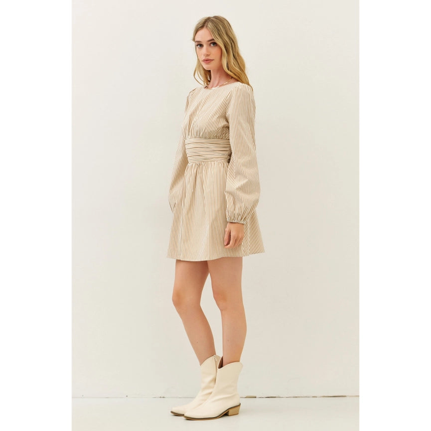 Stripe Mini Balloon-Sleeved Dress with Open Back and Bow MOCHA-Dress-idem ditto-S-MOCHA-Urbanheer