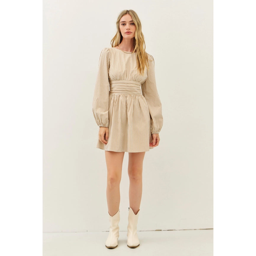 Stripe Mini Balloon-Sleeved Dress with Open Back and Bow MOCHA-Dress-idem ditto-S-MOCHA-Urbanheer