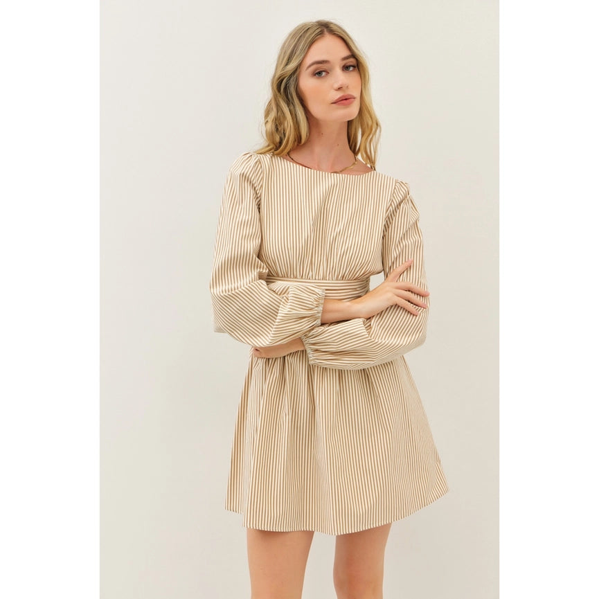 Stripe Mini Balloon-Sleeved Dress with Open Back and Bow MOCHA-Dress-idem ditto-S-MOCHA-Urbanheer