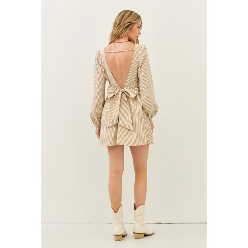 Stripe Mini Balloon-Sleeved Dress with Open Back and Bow MOCHA-Dress-idem ditto-S-MOCHA-Urbanheer
