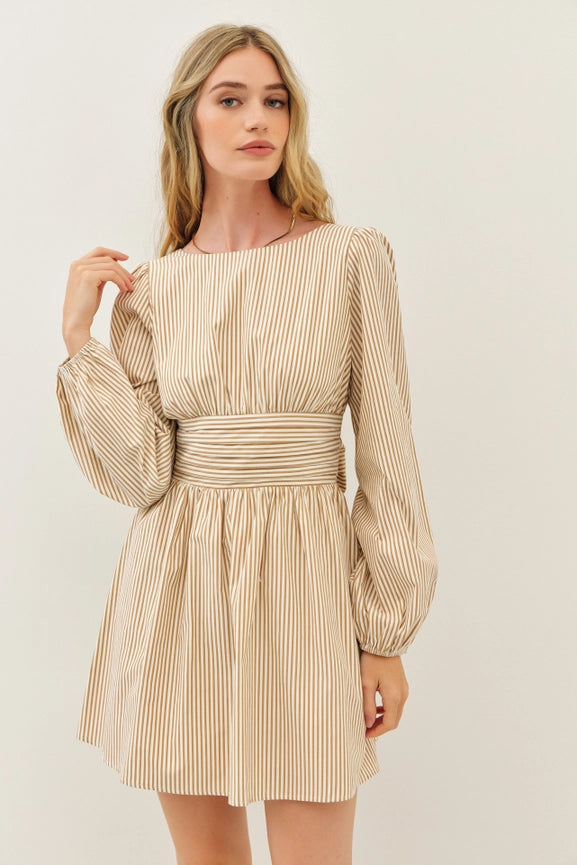 Stripe Mini Balloon-Sleeved Dress with Open Back and Bow MOCHA-Dress-idem ditto-S-MOCHA-Urbanheer