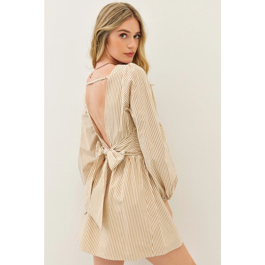 Stripe Mini Balloon-Sleeved Dress with Open Back and Bow MOCHA-Dress-idem ditto-S-MOCHA-Urbanheer