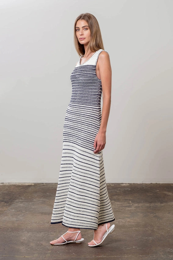 Stripe Pattern Knit Sleeveless Midi Dress-Dress-Moon River-XS-CREAM-Urbanheer
