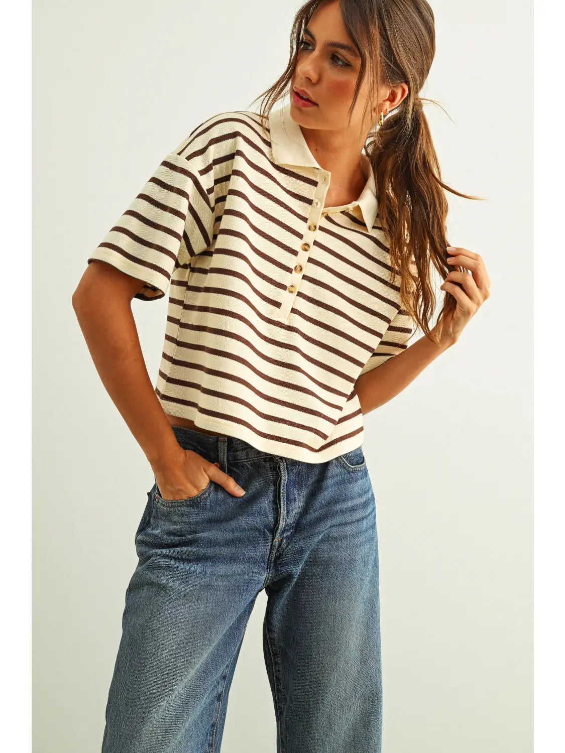 Stripe Pattern Short Sleeve Polo Shirts | Brown