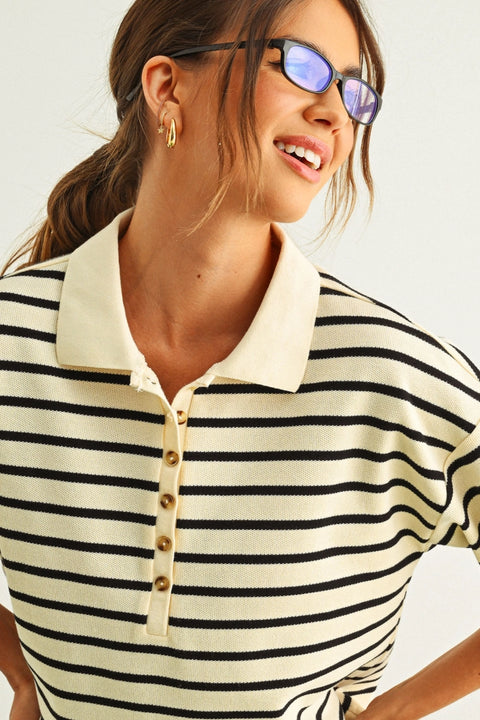 Stripe Pattern Short Sleeve Polo Shirt - Black