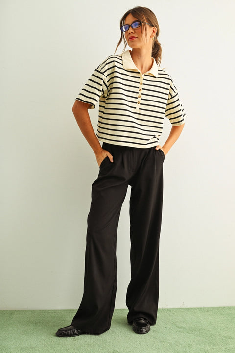 Stripe Pattern Short Sleeve Polo Shirt | Black
