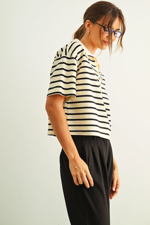 Stripe Pattern Short Sleeve Polo Shirt | Black