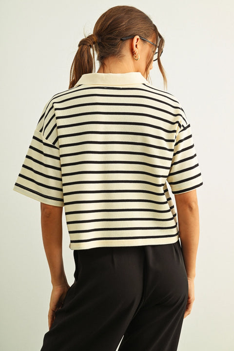 Stripe Pattern Short Sleeve Polo Shirt | Black