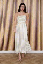 Stripe Pleated Strapless Linen Midi Dress