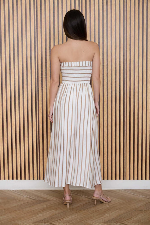 Stripe Pleated Strapless Linen Midi Dress - Brown