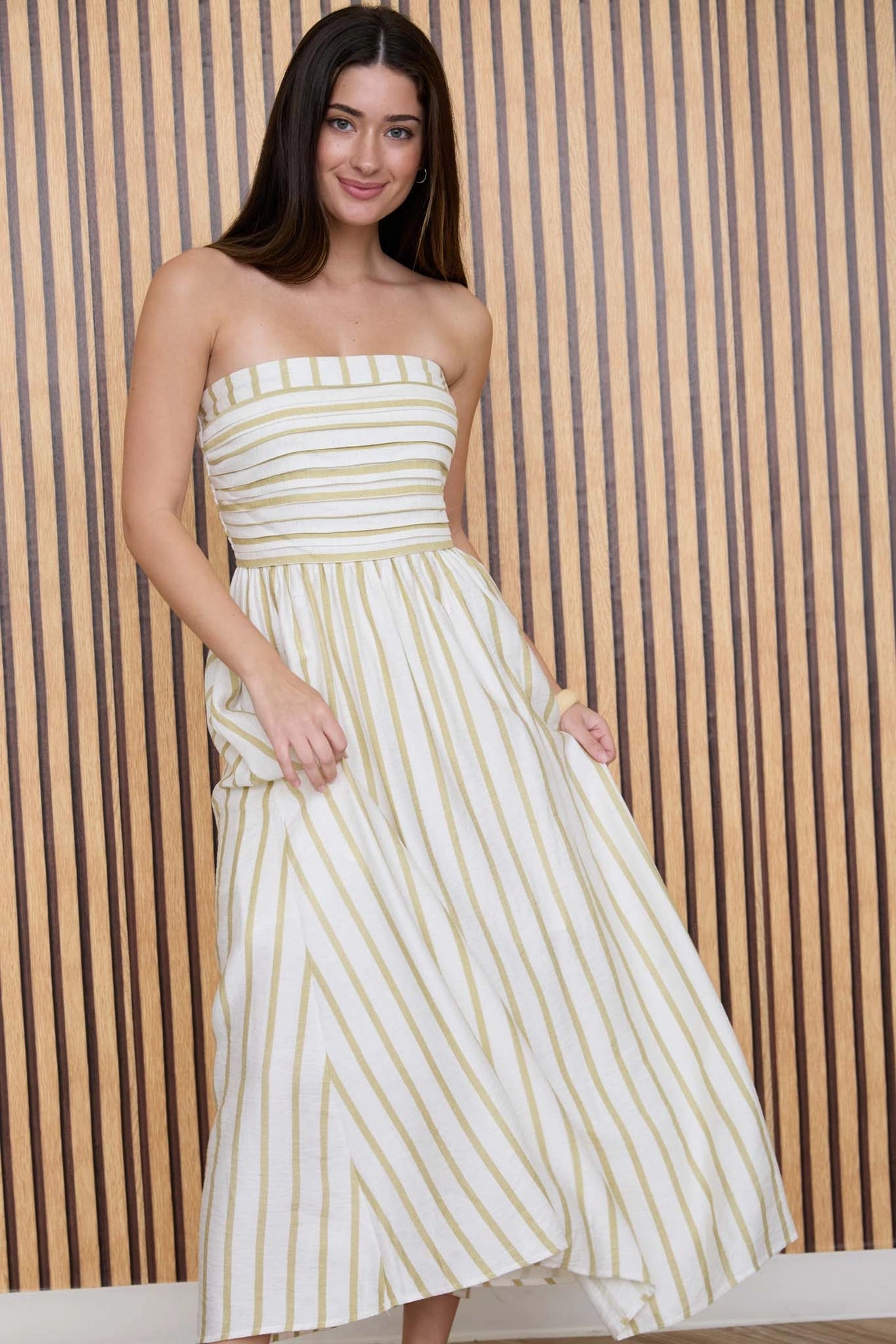 Stripe Pleated Strapless Linen Midi Dress