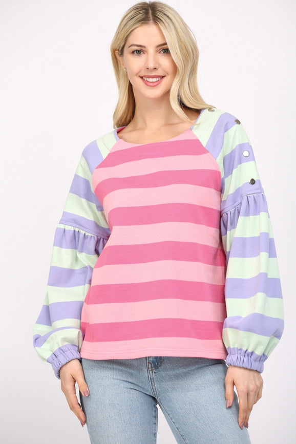 Stripe Puff Slv Sweatshirt-Sweatshirt-FATE-S-PINK / MINT / PURPLE-Urbanheer