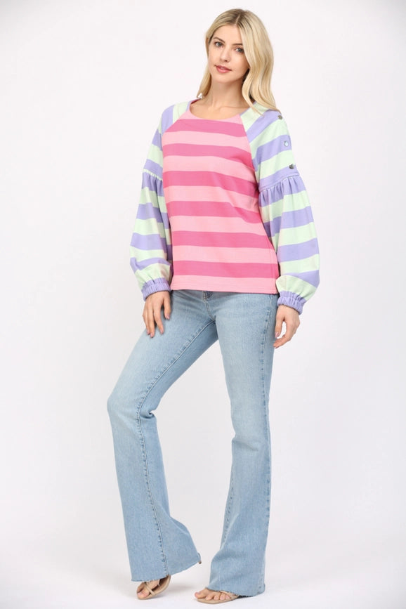 Stripe Puff Slv Sweatshirt-Sweatshirt-FATE-S-PINK / MINT / PURPLE-Urbanheer