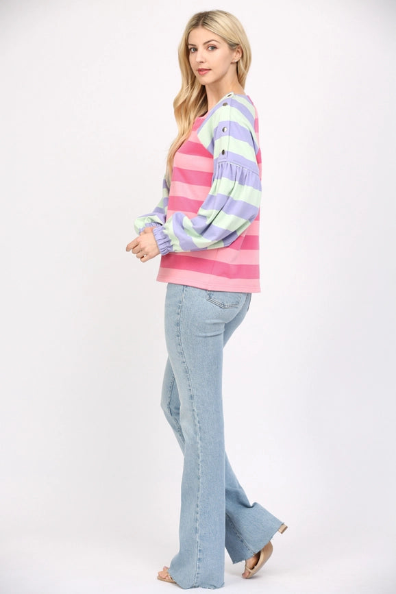 Stripe Puff Slv Sweatshirt-Sweatshirt-FATE-S-PINK / MINT / PURPLE-Urbanheer