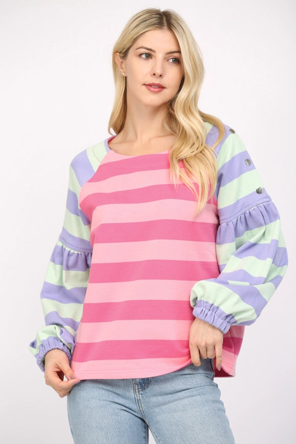 Stripe Puff Slv Sweatshirt-Sweatshirt-FATE-S-PINK / MINT / PURPLE-Urbanheer