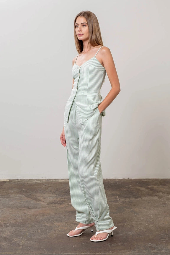 Stripe Spaghetti Strap Button Front Top-Top-Moon River-XS-SAGE-Urbanheer