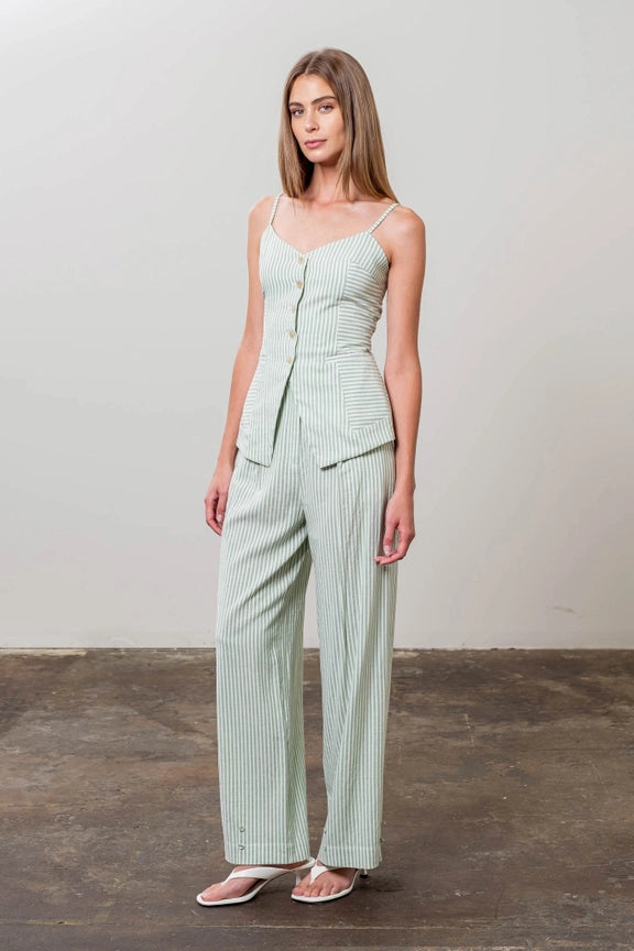 Stripe Spaghetti Strap Button Front Top-Top-Moon River-XS-SAGE-Urbanheer