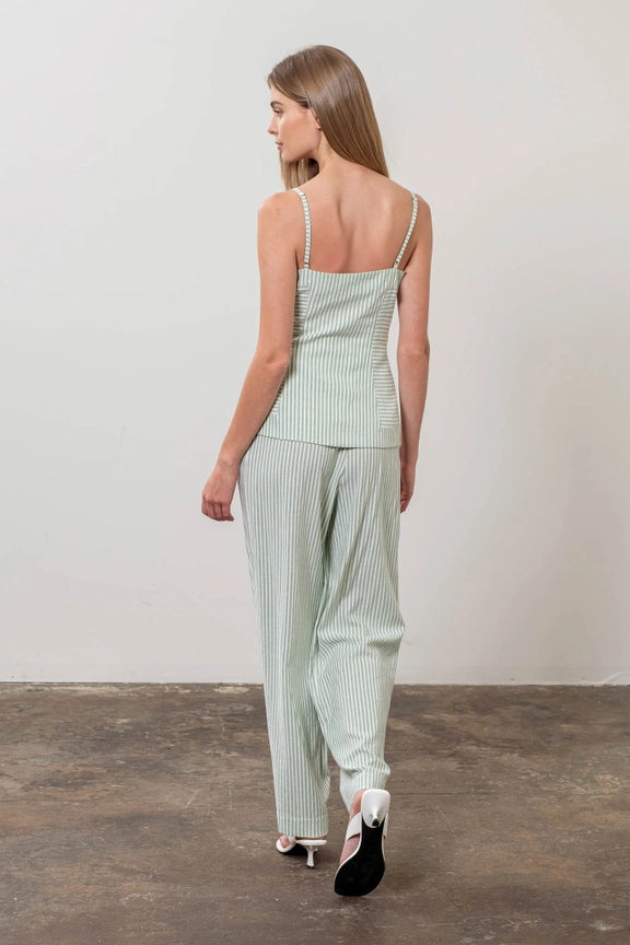 Stripe Spaghetti Strap Button Front Top-Top-Moon River-XS-SAGE-Urbanheer