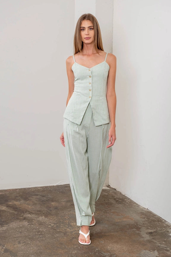 Stripe Spaghetti Strap Button Front Top-Top-Moon River-XS-SAGE-Urbanheer