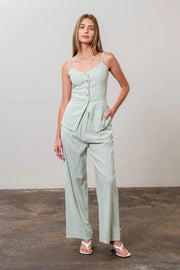 Stripe Spaghetti Strap Button Front Top-Top-Moon River-XS-SAGE-Urbanheer