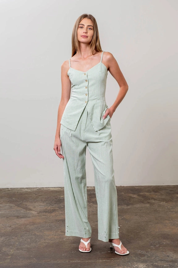 Stripe Spaghetti Strap Button Front Top-Top-Moon River-XS-SAGE-Urbanheer